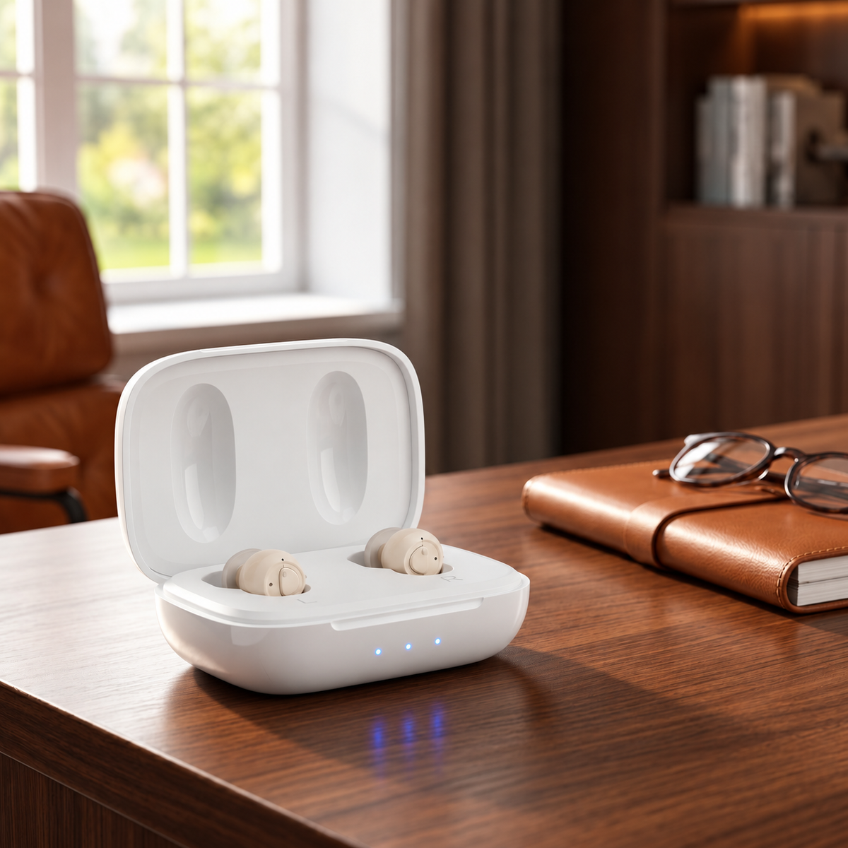 Unbranded WiseHear hearing aid pair and rechargeable case on a wooden table beside glasses