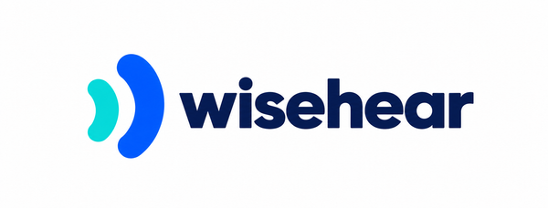 WiseHear logo with turquoise and blue sound waves and navy wordmark