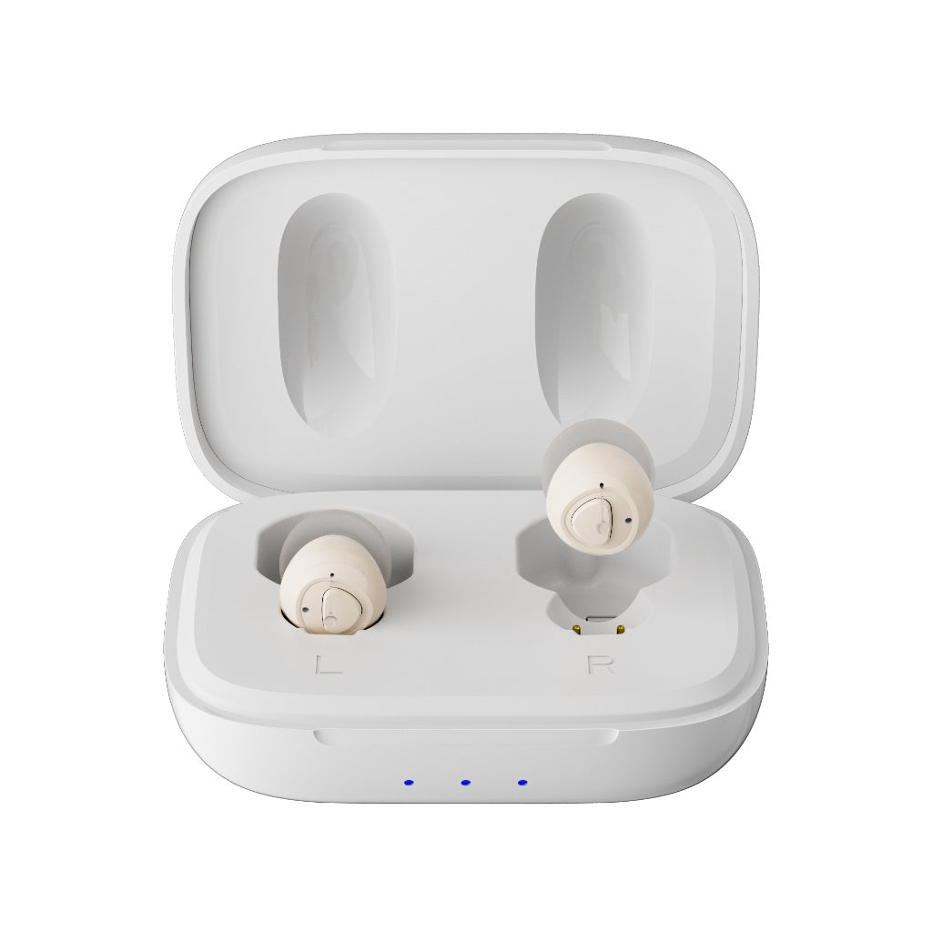 WiseHear beige hearing aid pair in an unbranded white rechargeable case