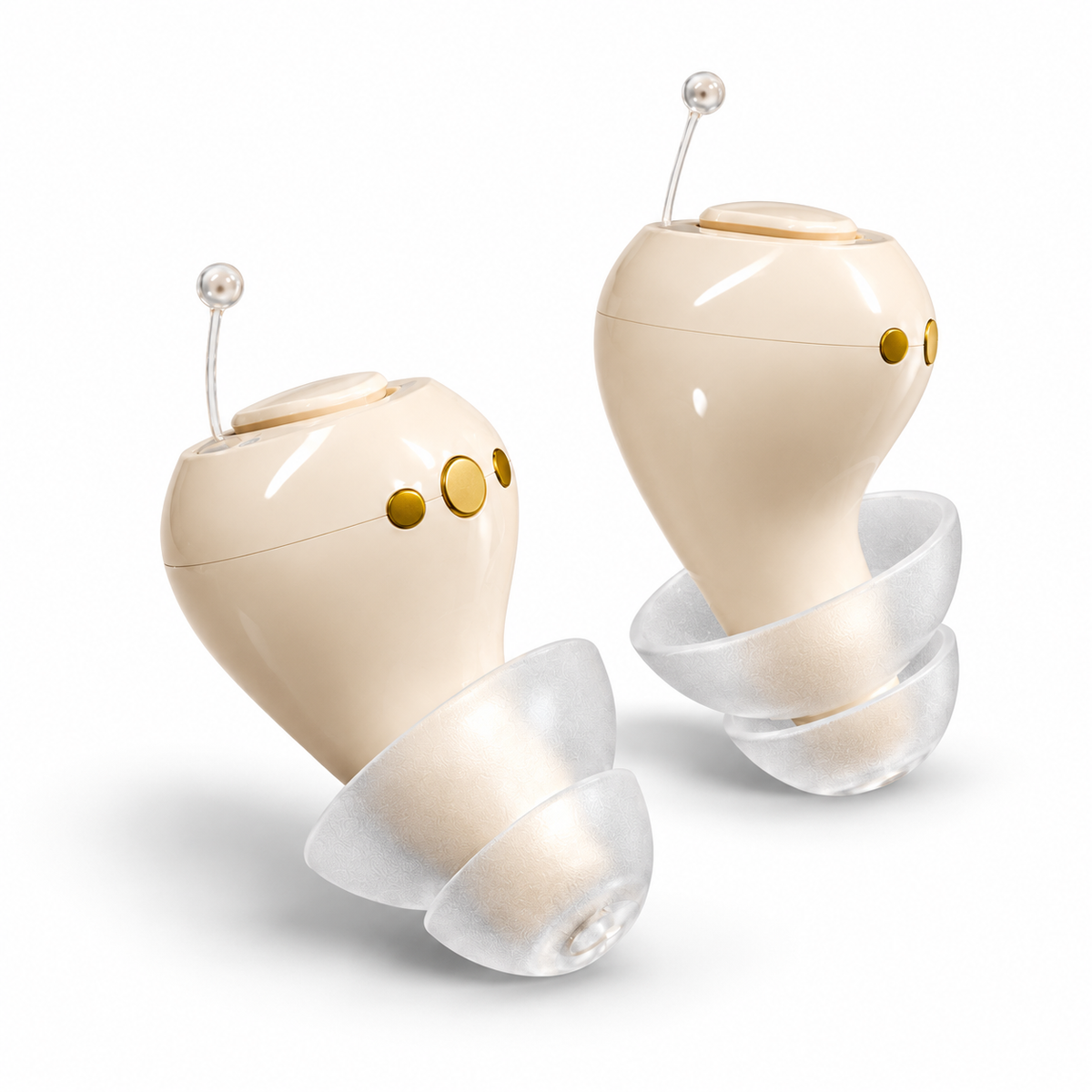 Unbranded beige WiseHear hearing aid pair showing silicone tips, retrieval wires and controls